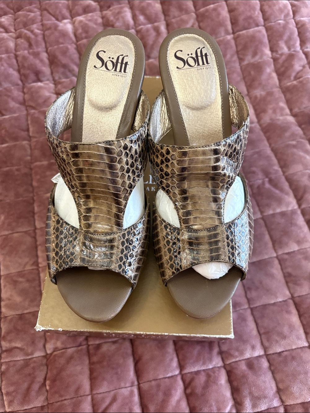 Söfft Brown Snake-Print Open-Toe Slide Mules